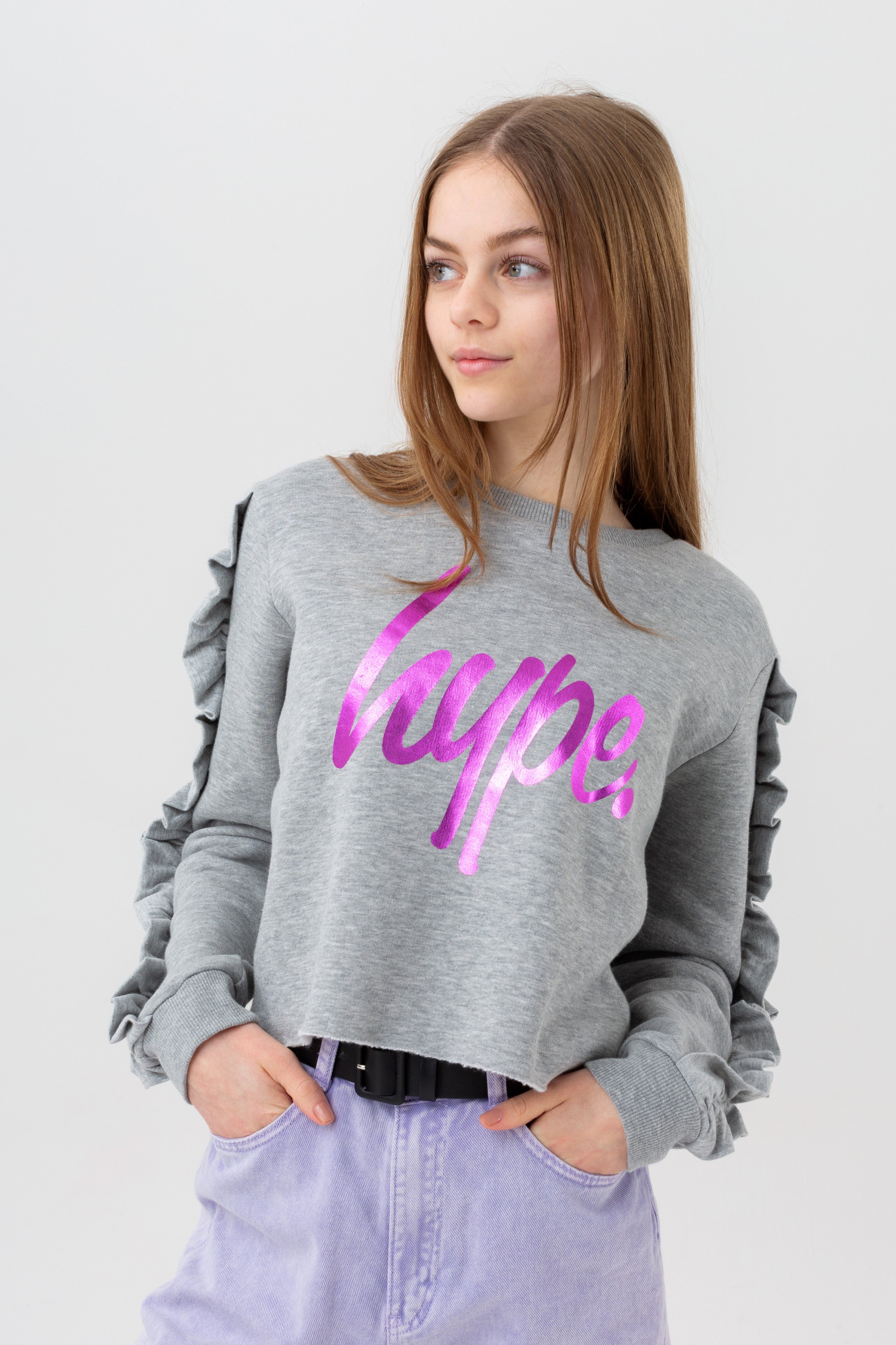 hype girls grey ruffle princess script crop crew neck