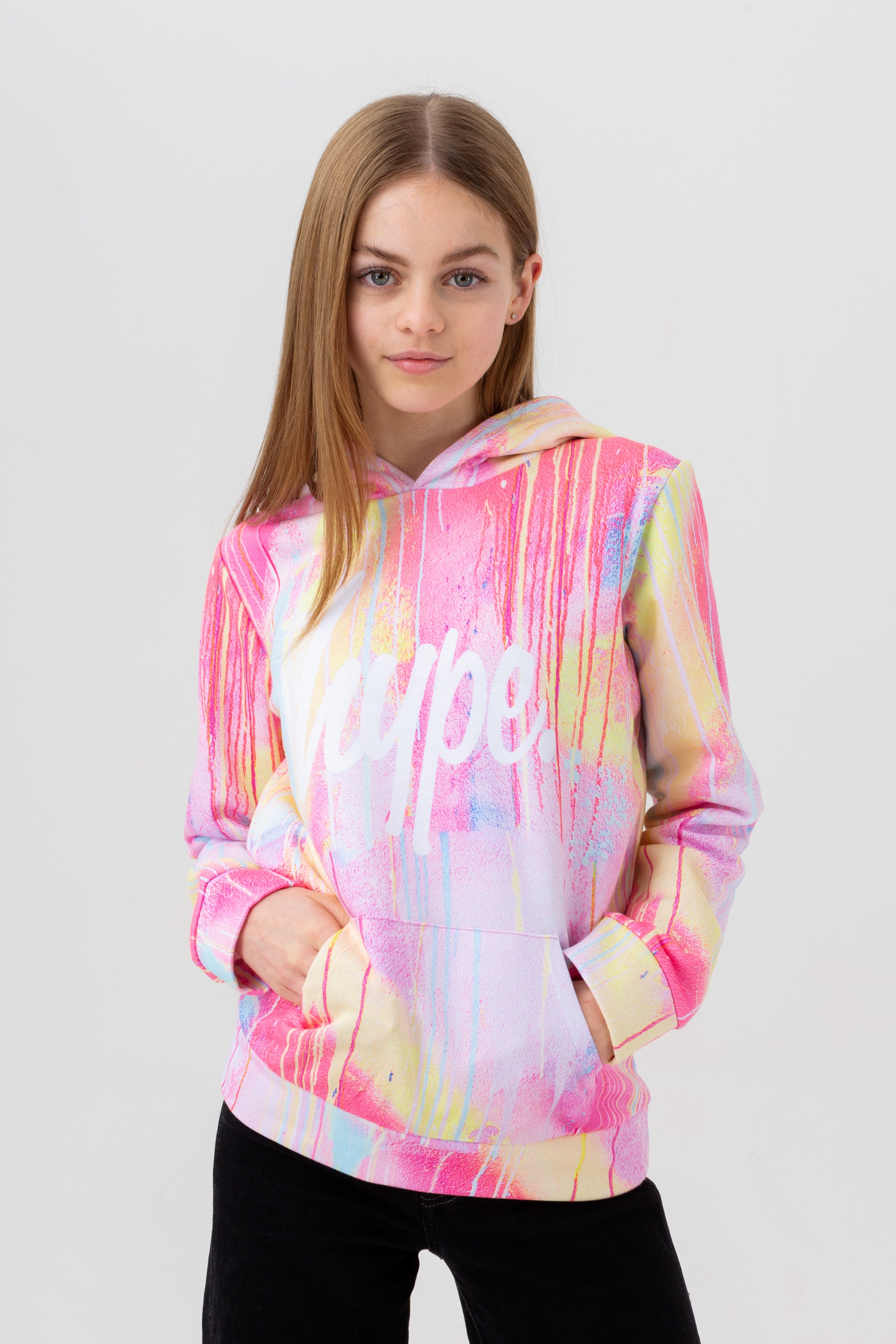 hype girls pink spray drips script hoodie