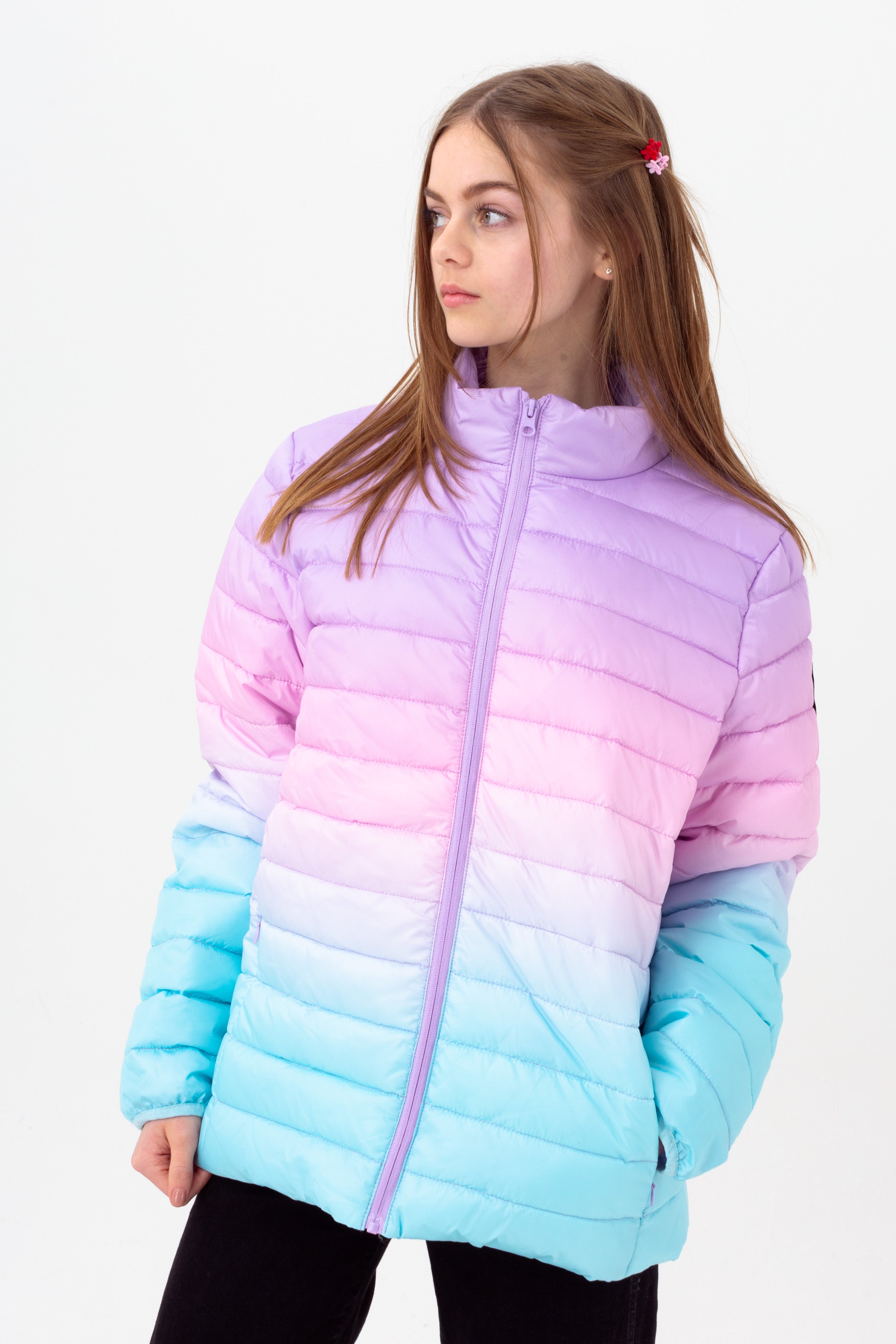 hype girls multi mykonos fade script lightweight puffer jacket