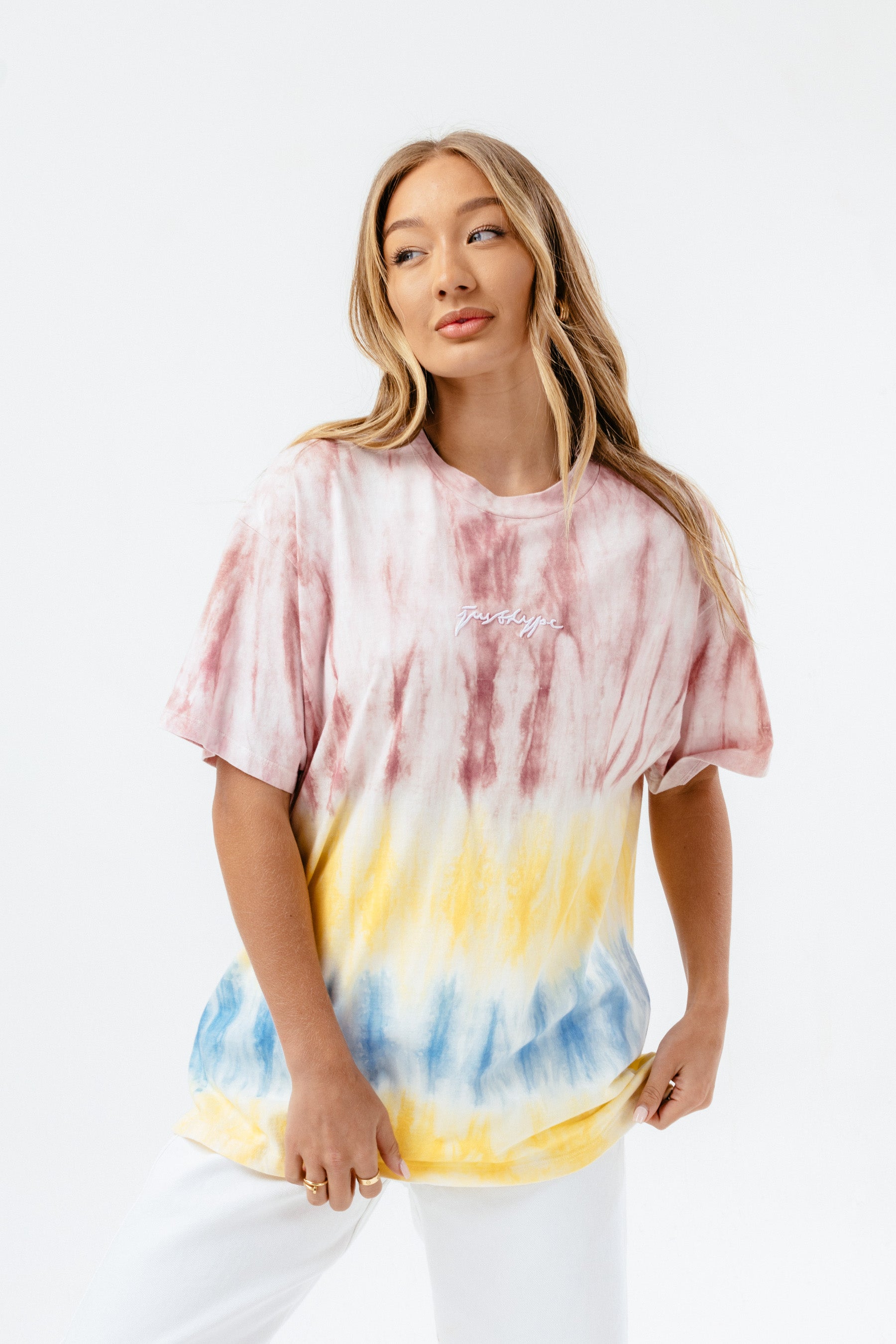 hype womens pink summer dye scribble boxy t-shirt