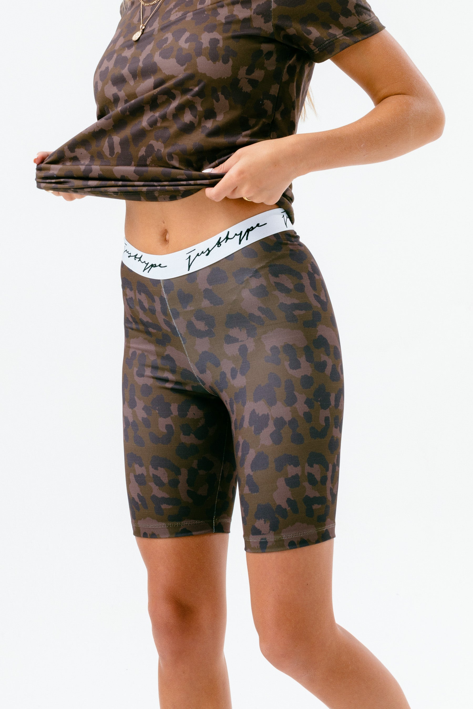 hype womens brown choc leopard tape cycling shorts