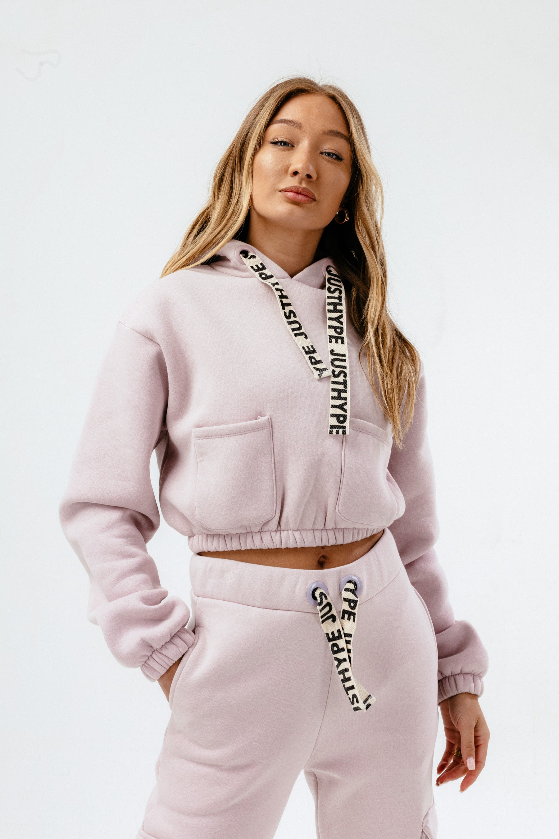 hype womens lilac cargo drawstring crop hoodie