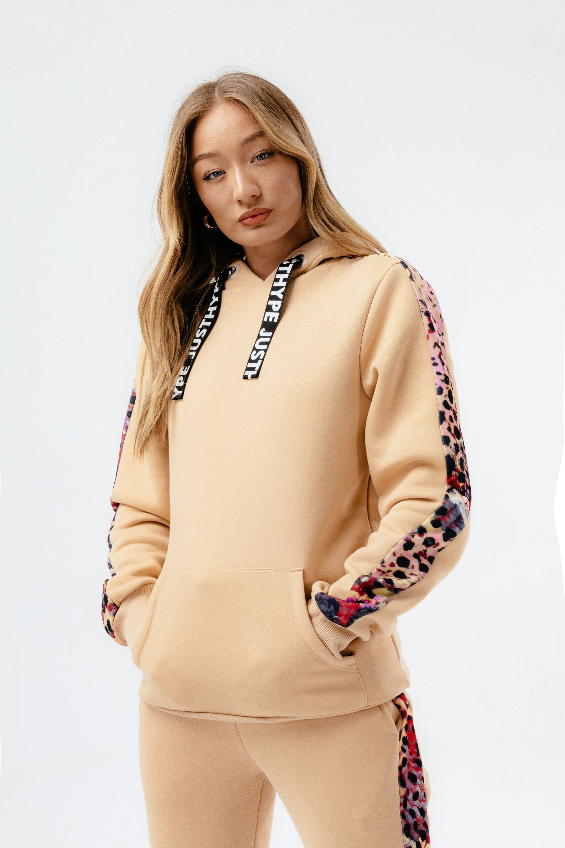 hype womens hazelnut animal print label hoodie