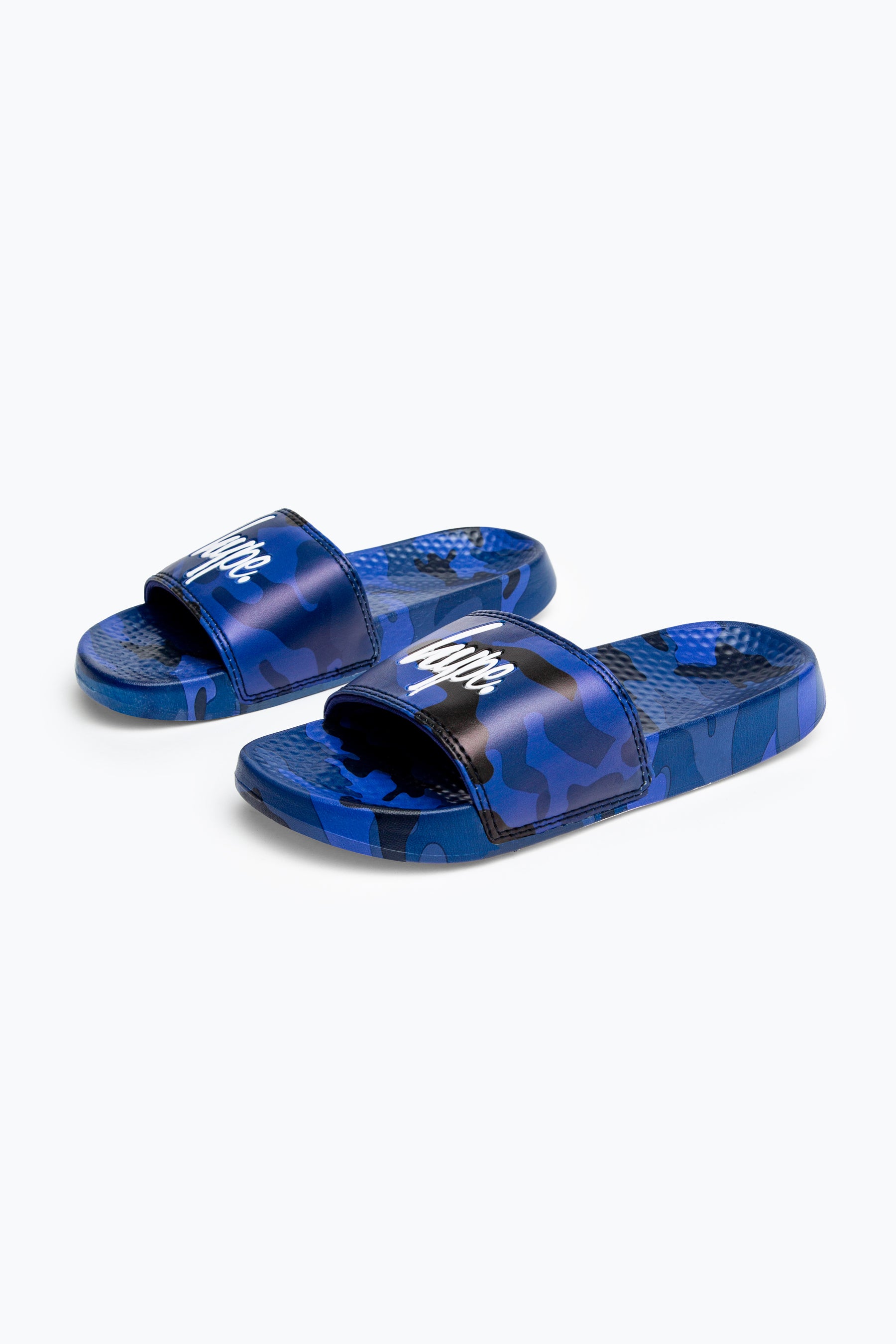 hype kids unisex navy classic camo script sliders