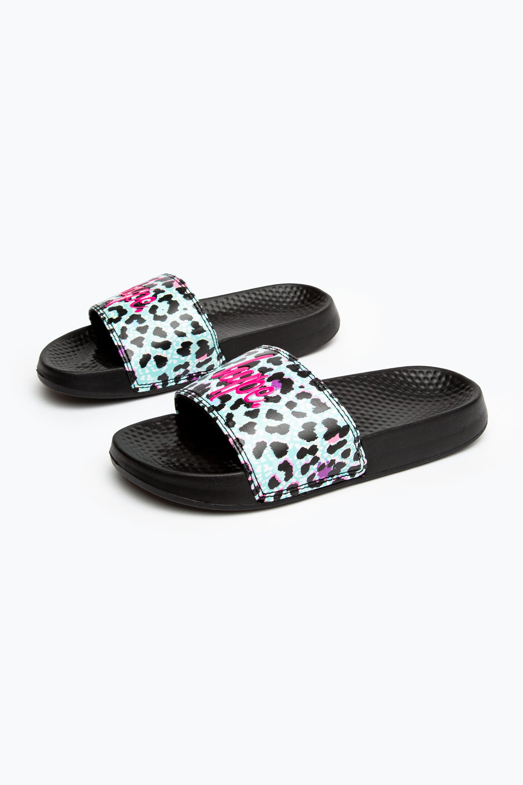 hype kids unisex black ice leopard script sliders