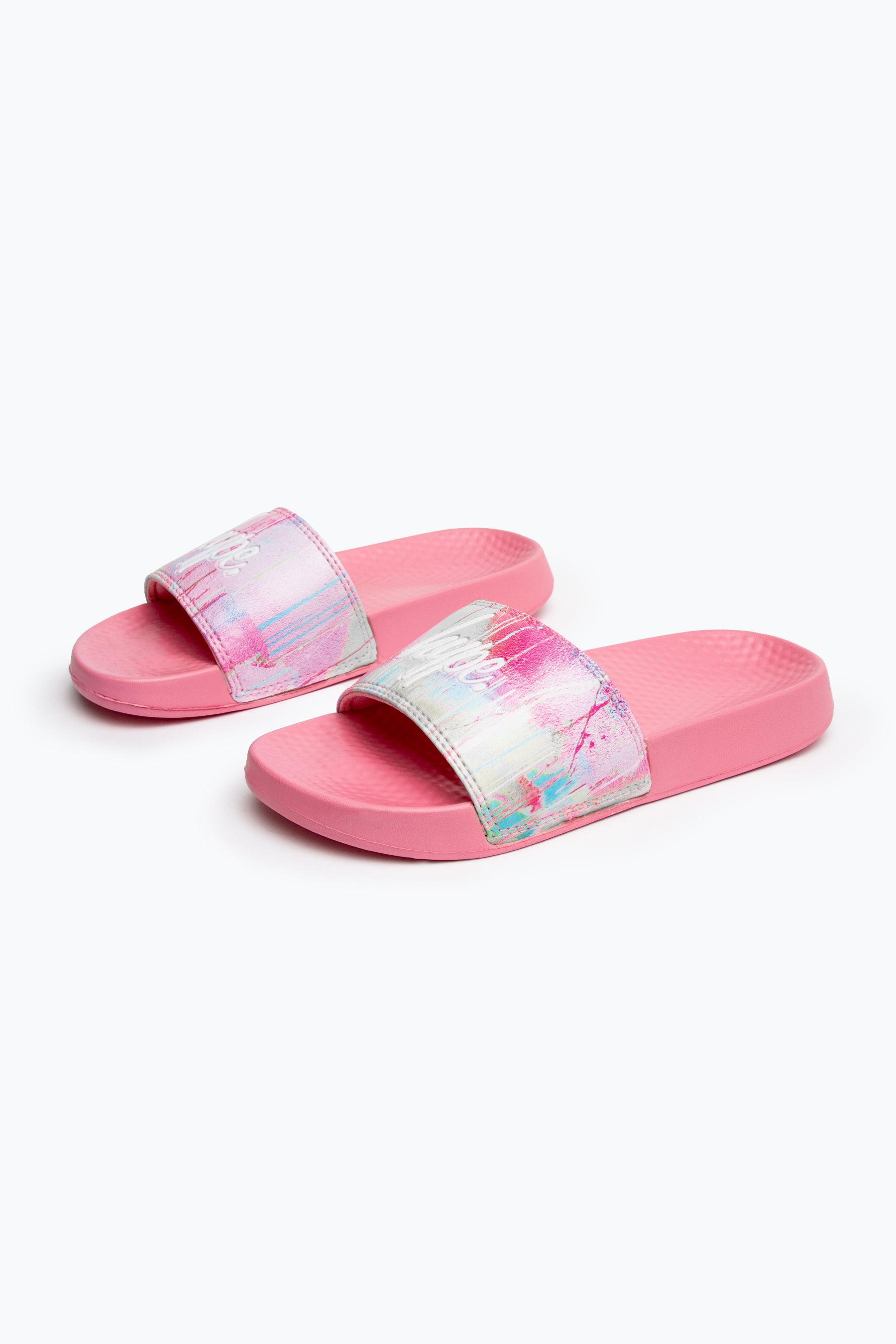 hype kids unisex pink spray drips script sliders