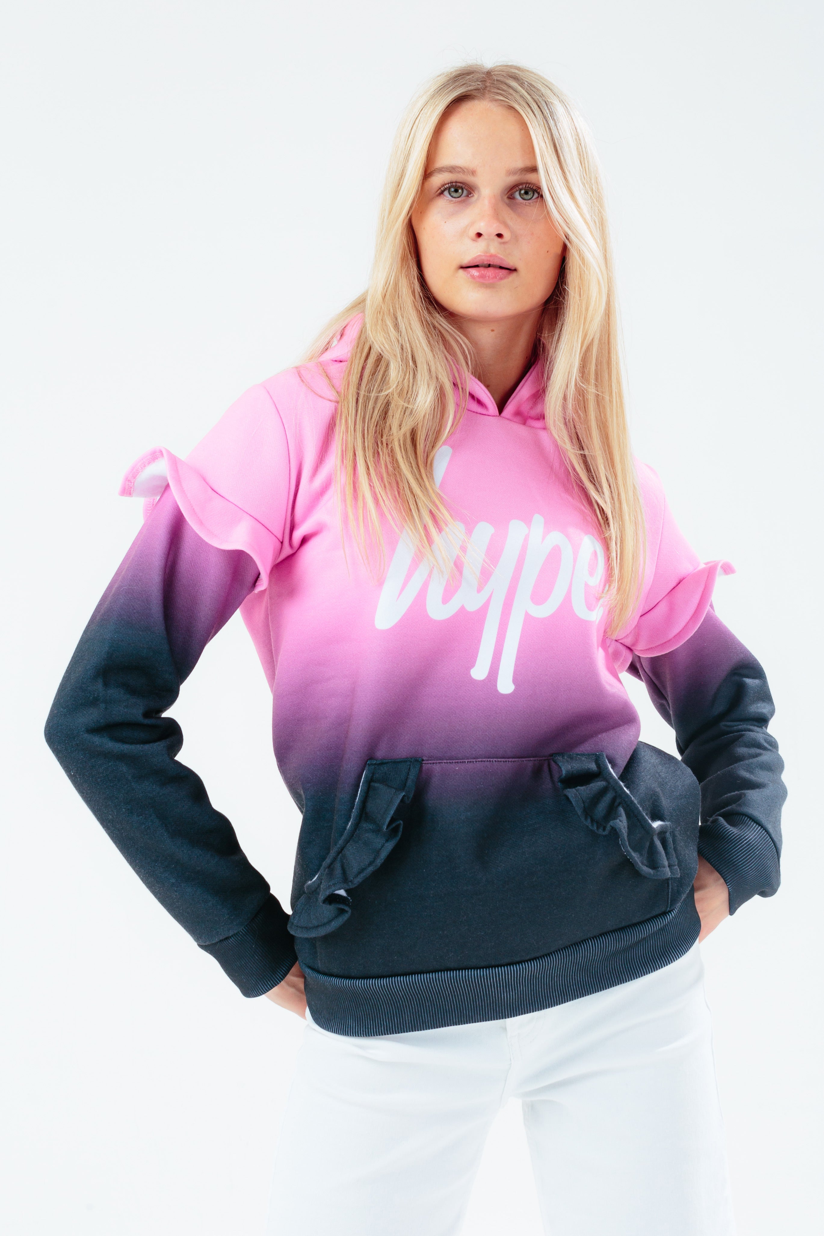 hype pink fade ruffle girls hoodie