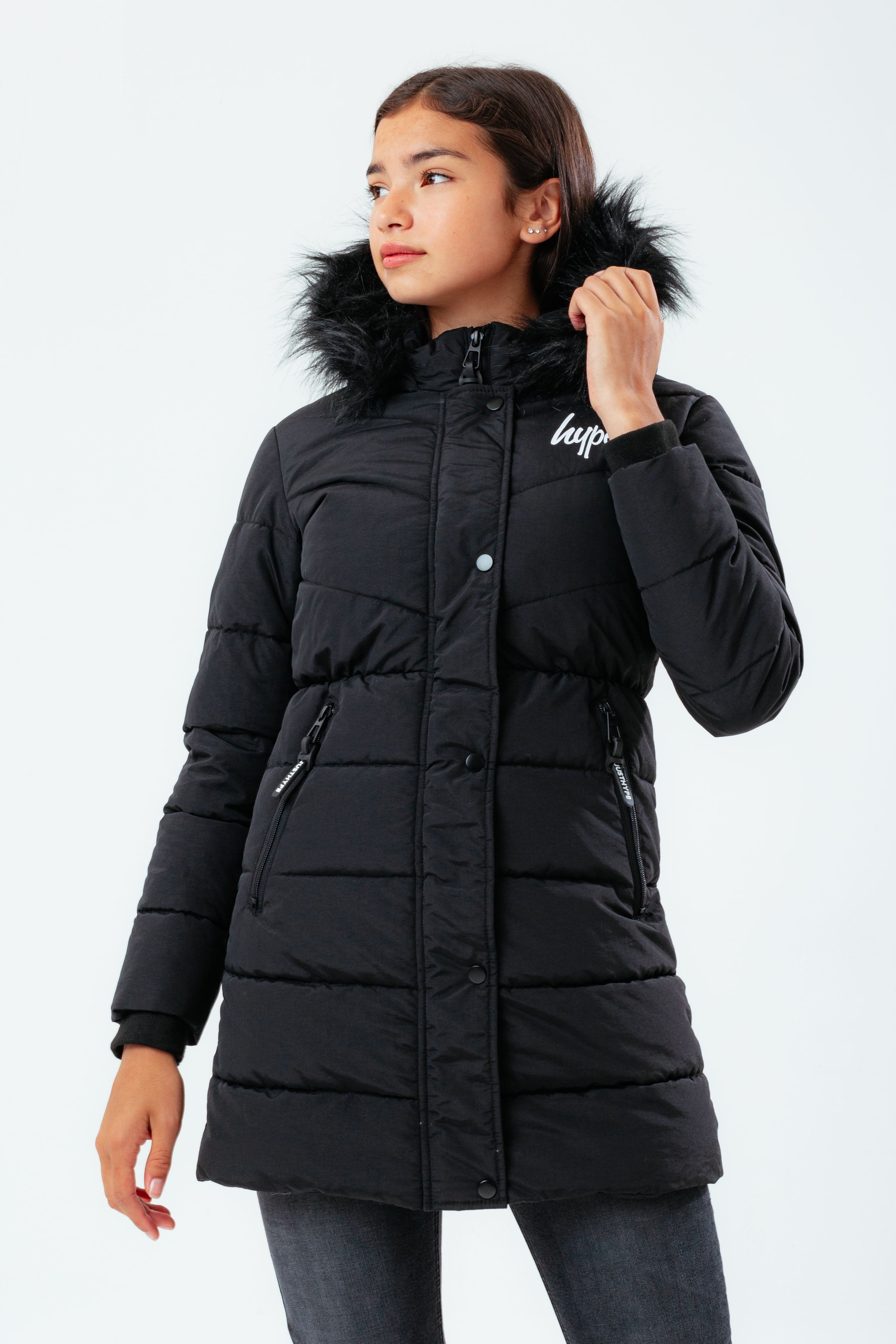 hype black fitted girls parka jacket