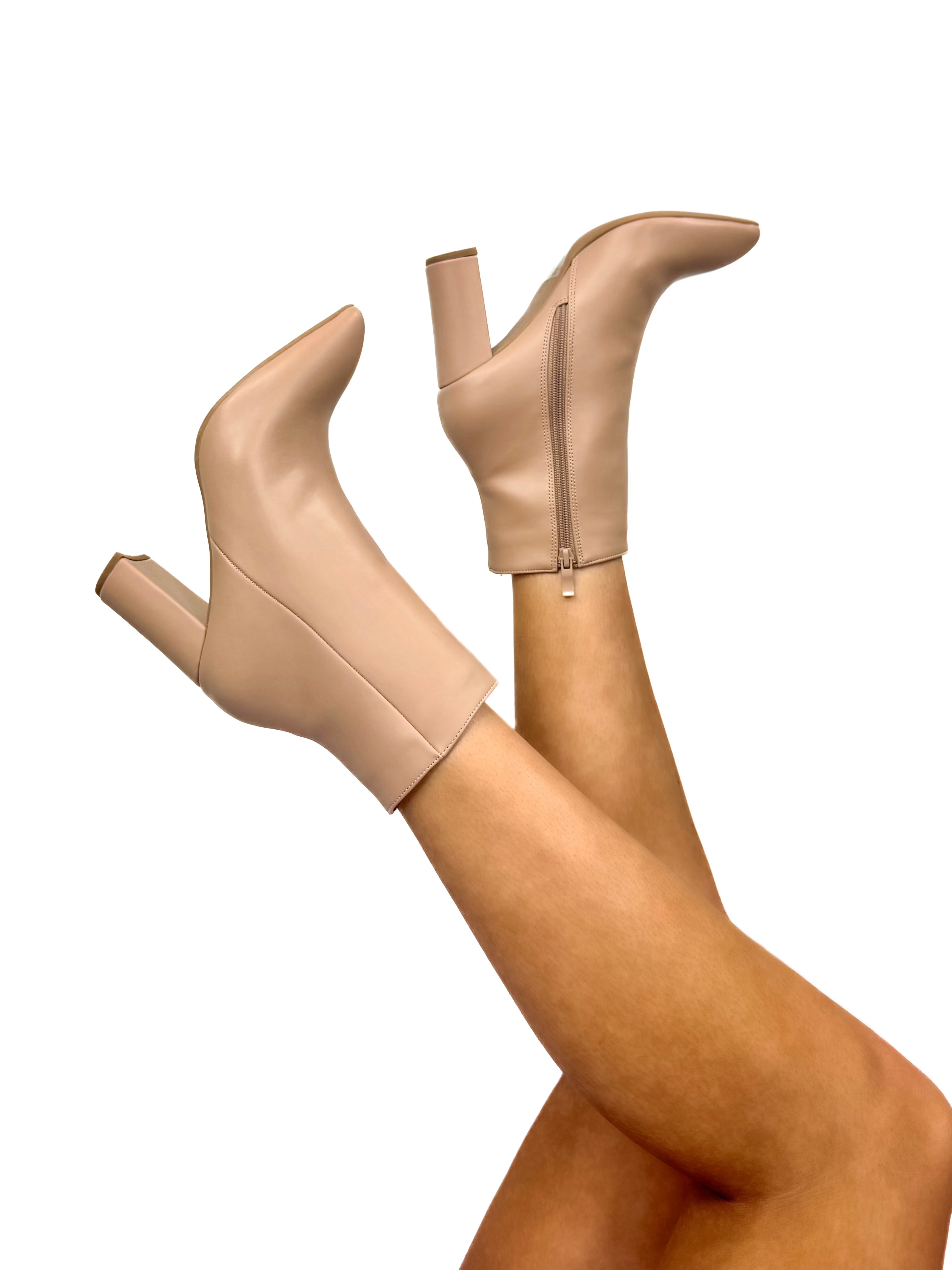 Eyes On Me Pleather Pointy Toe Booties in Beige