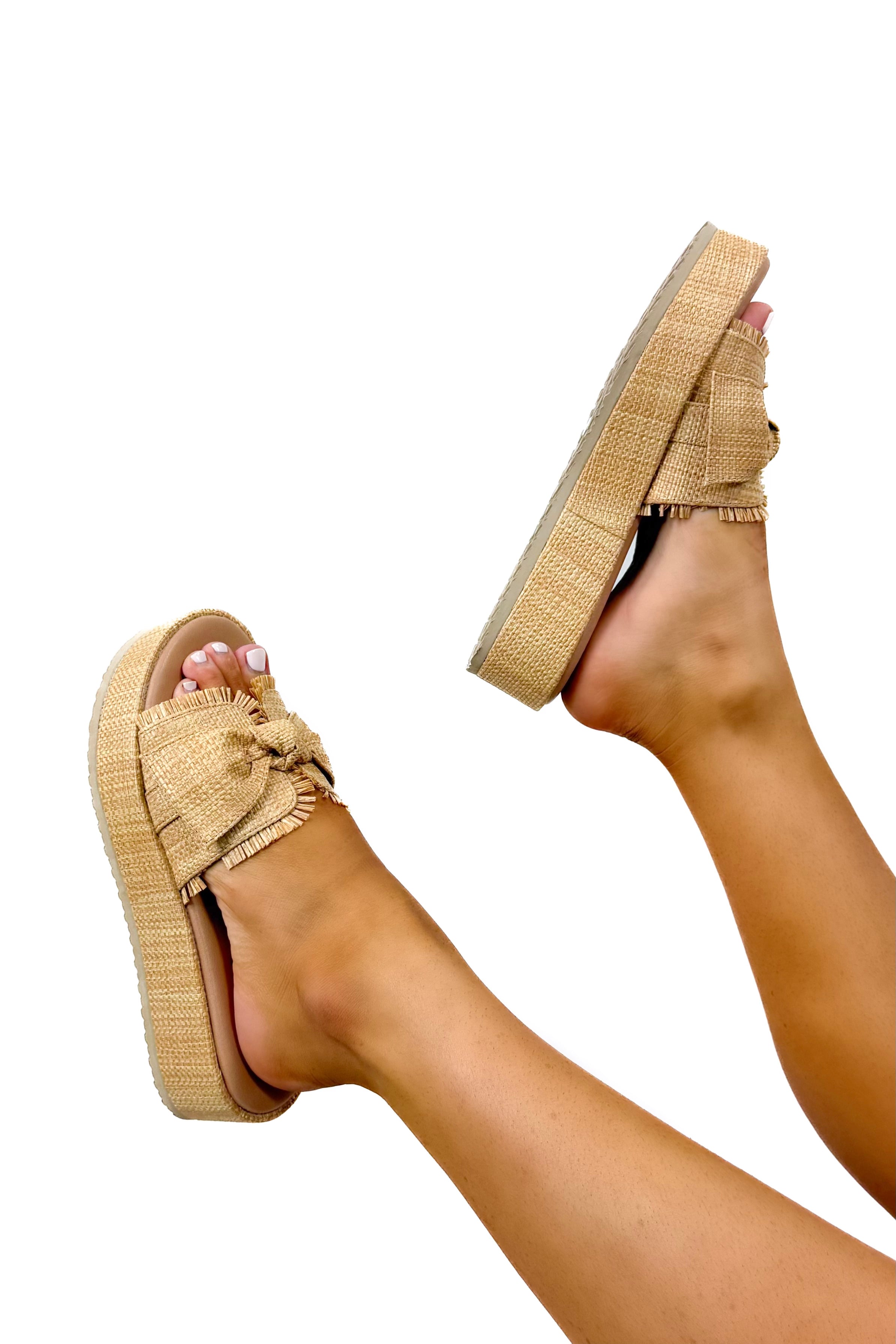 Beach Bound Raffia Bow Platform Sandals in Tan