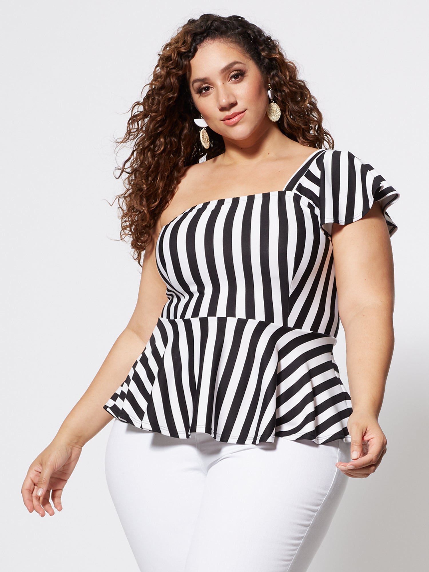 black and white striped one shoulder top