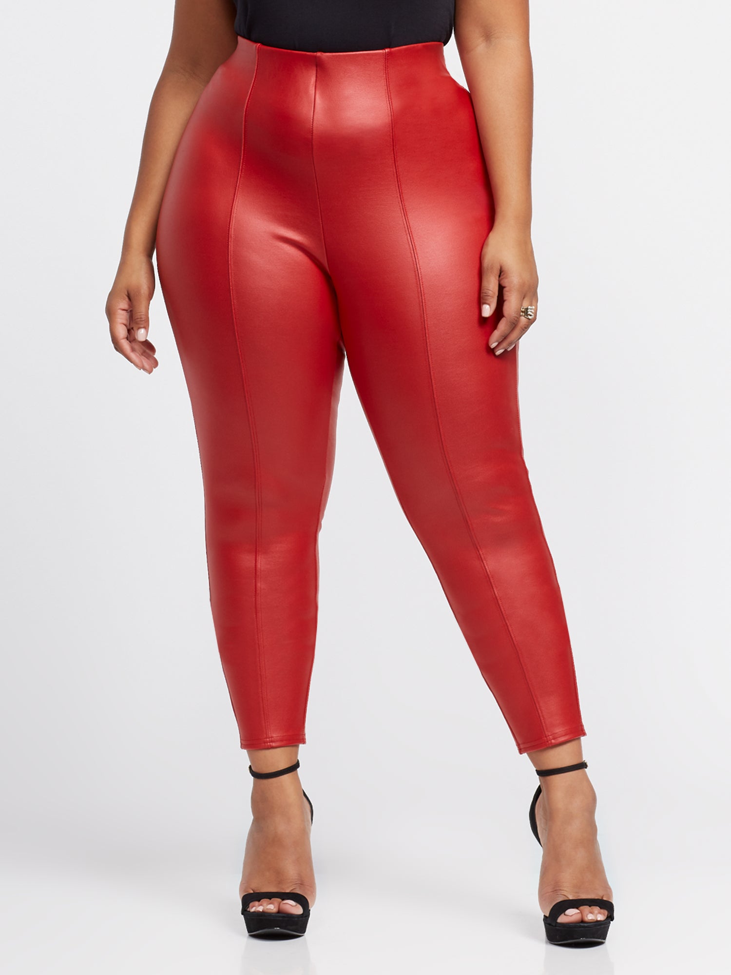 red faux leather pants