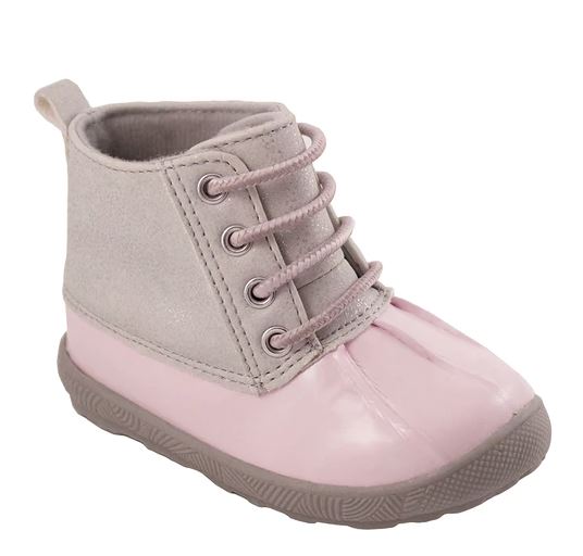 pink and grey duck boots