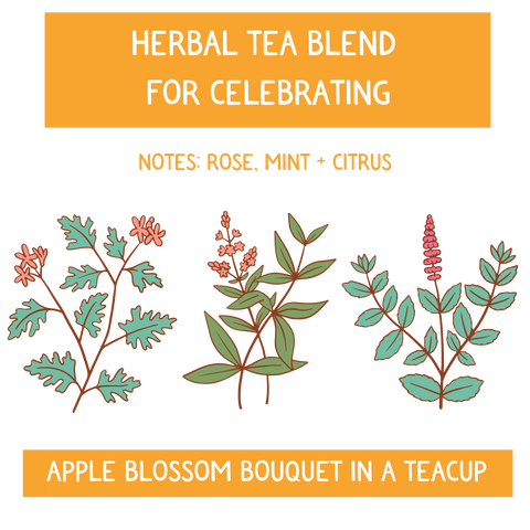 Herbal tea blend for celebrating. Tasting notes: rose, mint + citrus. Fresh Lavender fields in a teacup.