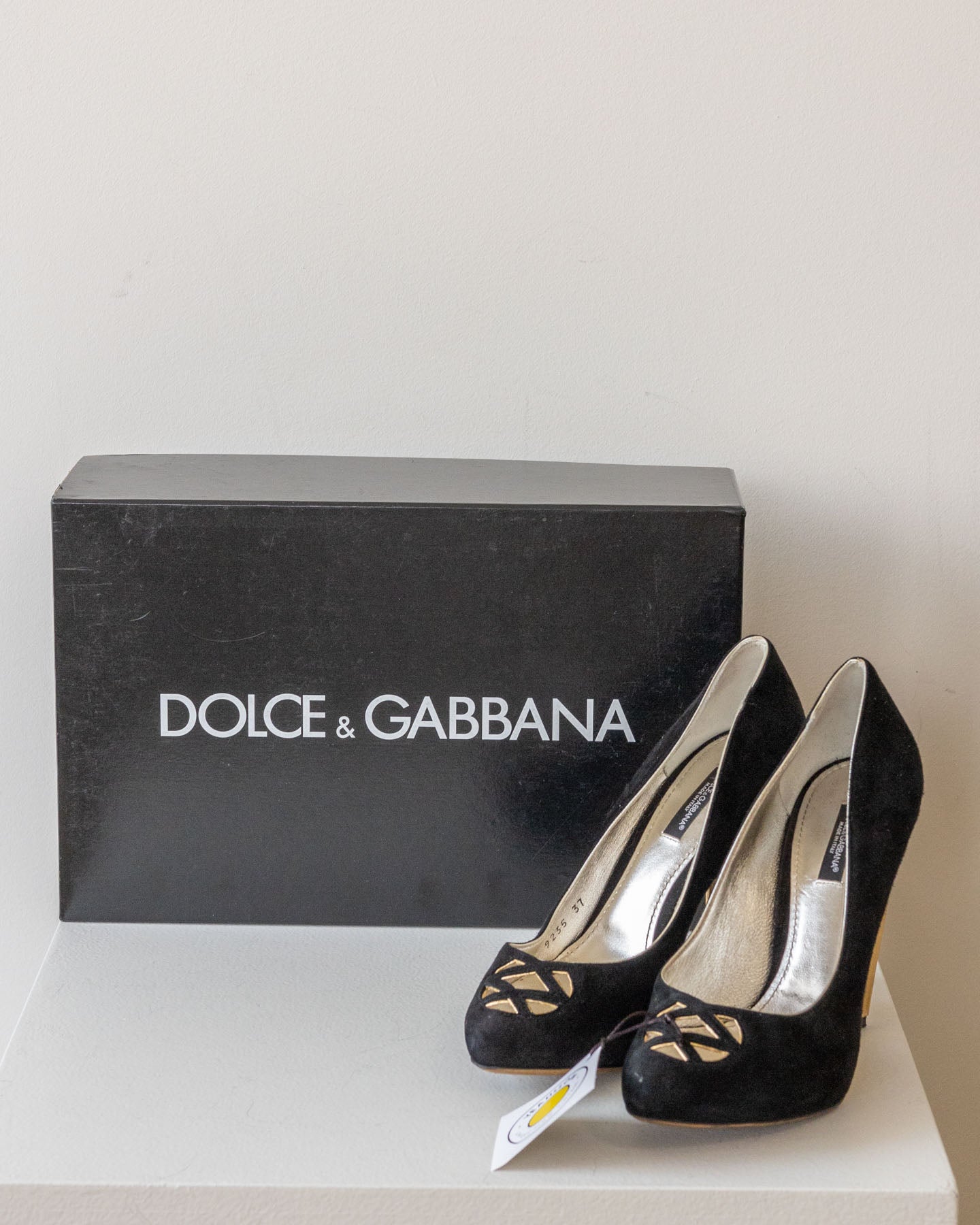 Image of Dolce&Gabbana Black Suede Golden Heel Stilettos - Size 37