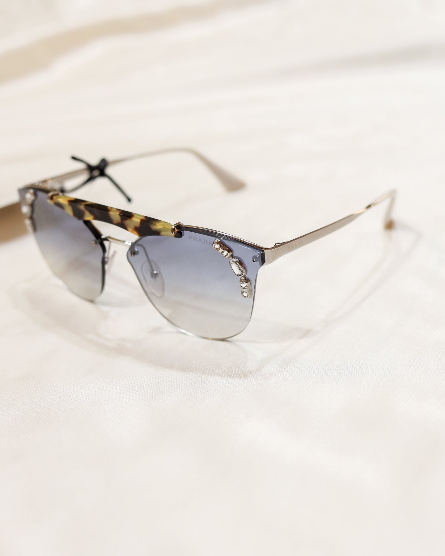 Image of PRADA TORTOISE SILVER AND LIGHT BLUE GRAD LENS SUNGLASSES - WITH BOX