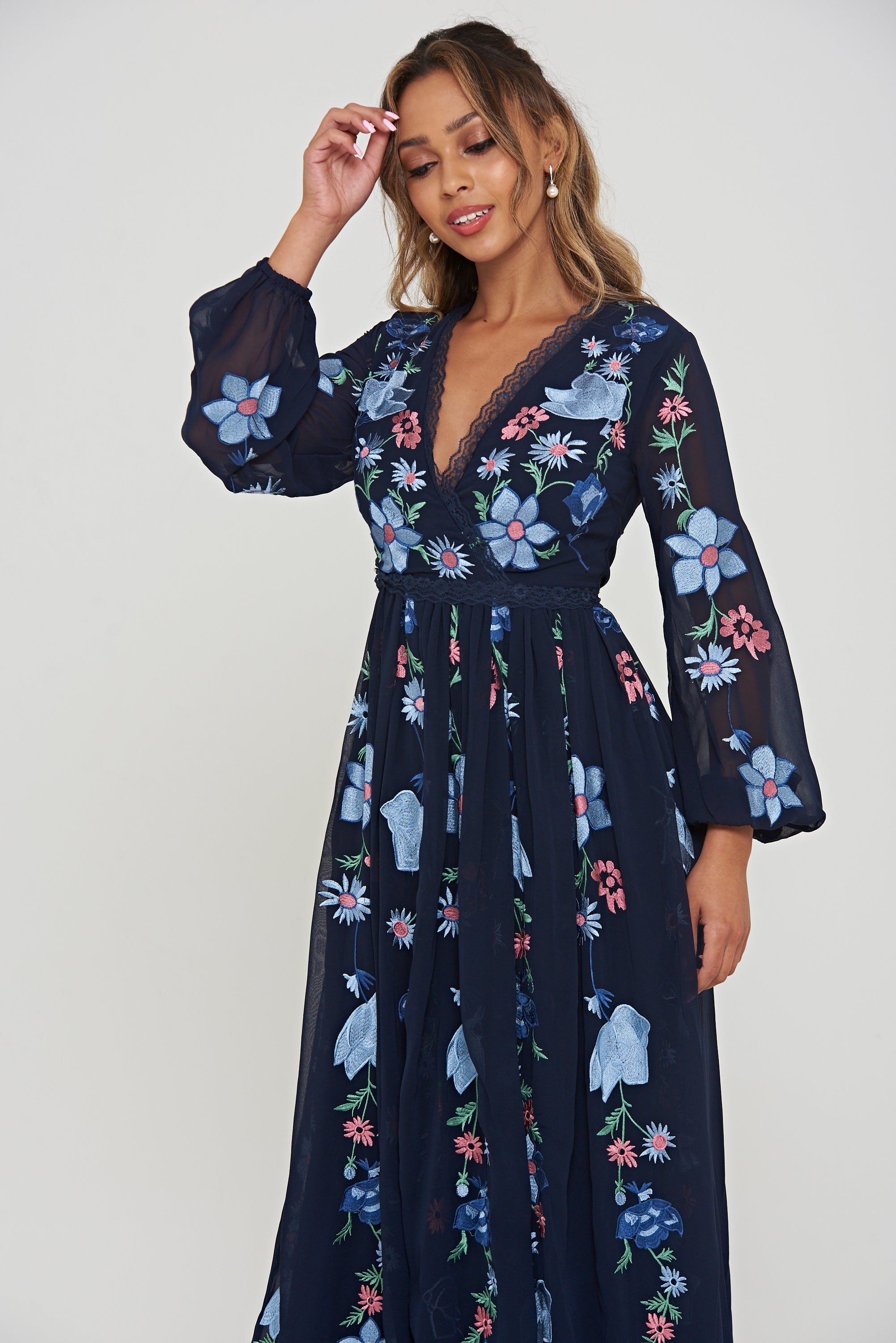 Barley Wrap Front Maxi Dress with Floral Embroidery – Frock and Frill