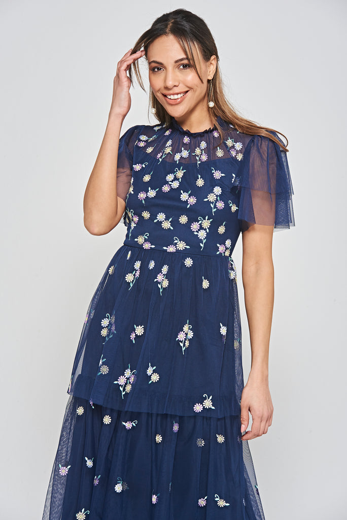 Jemima Navy Daisy Embroidered Tiered Maxi Dress – Frock and Frill