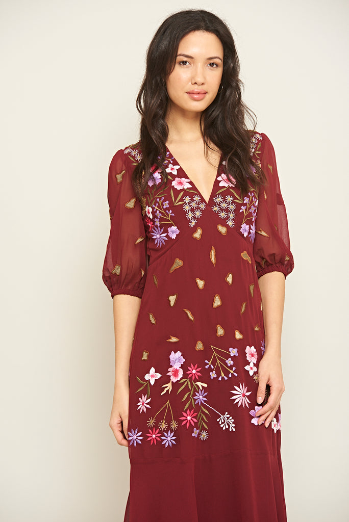 Kalila V Neck Midi Dress with Floral Embroidery in Burgundy