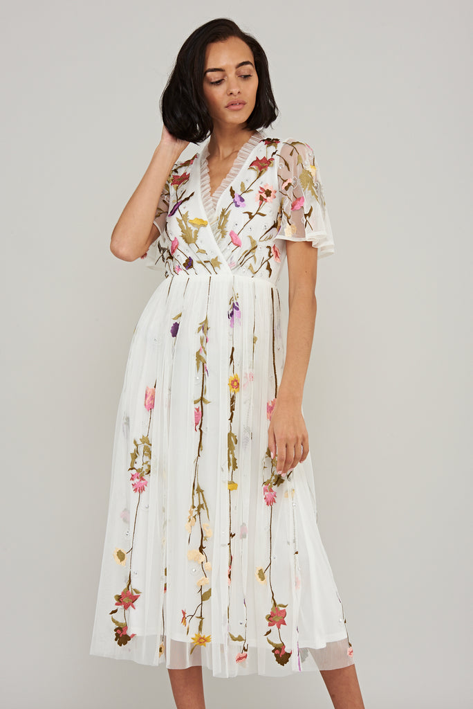 Lorella Floral Wrap Front Midi Dress - White - Frock and Frill