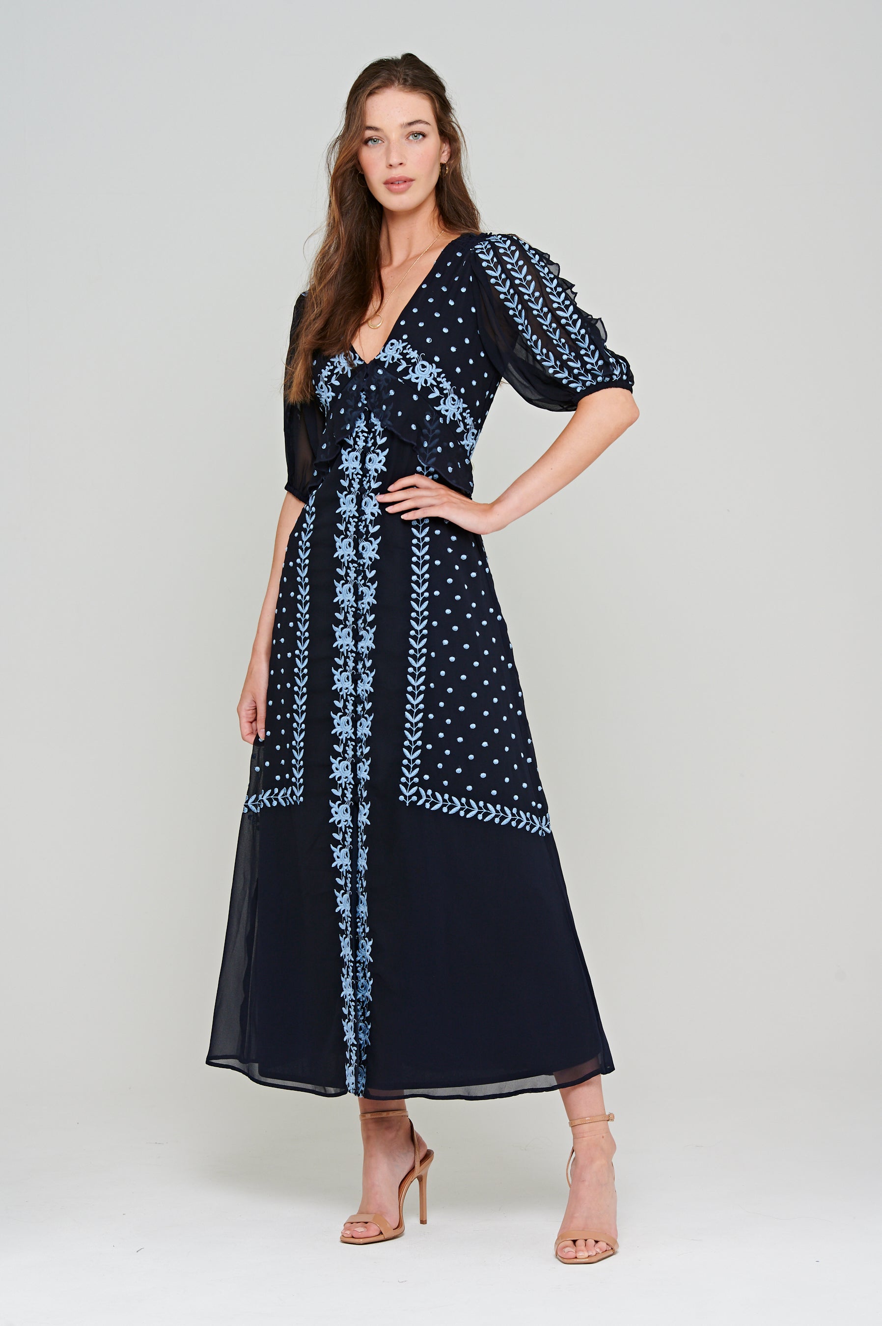 Mavelle Navy Embroidered Button Through Maxi Dress – Frock and Frill