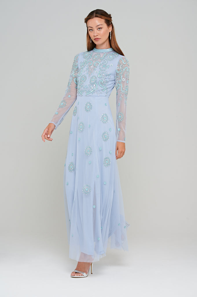 Sabina Blue Embellished Maxi Dress – Frock and Frill