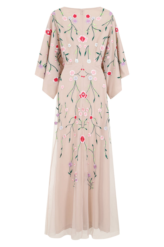 Zinnia Floral Embroidered Maxi Dress with Batwing Sleeves – Frock and Frill