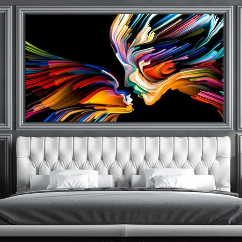 colorful wall art above the bed