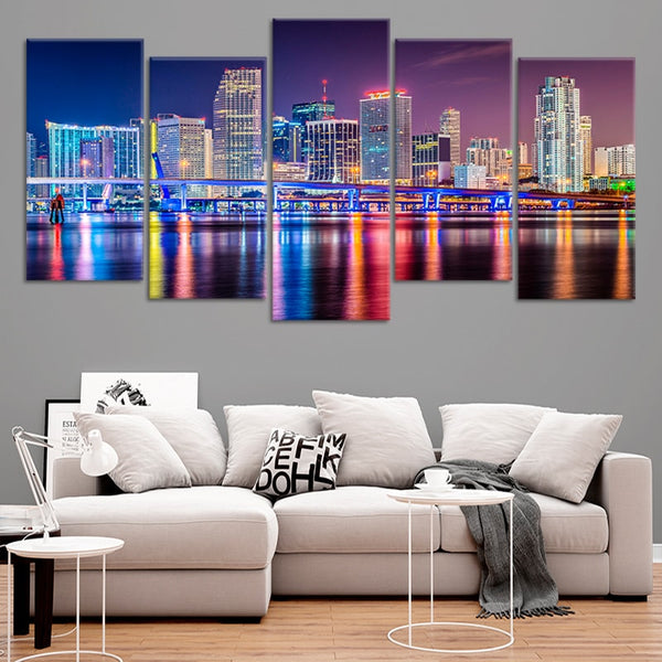 A Miami Skyline Wall Art set on a gray wall