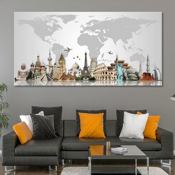 A canvas of the world map with many landmarks. 