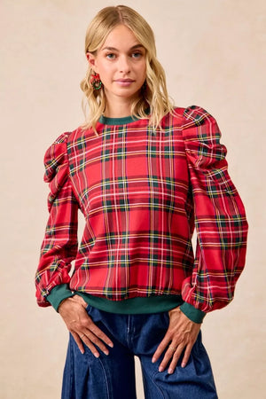 BiBi Christmas Plaid Exaggerated Shoulder Sleeves Top - Jaded the Boutique