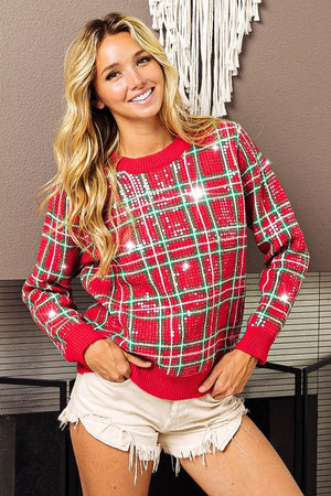 BiBi Clear Sequin Plaid Sweater - Jaded the Boutique