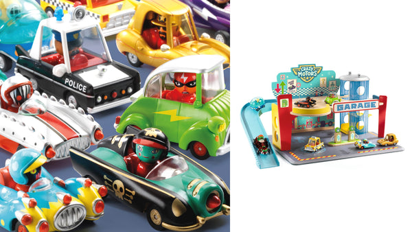 Crazy Motors cars by Djeco and Garage for toy cars