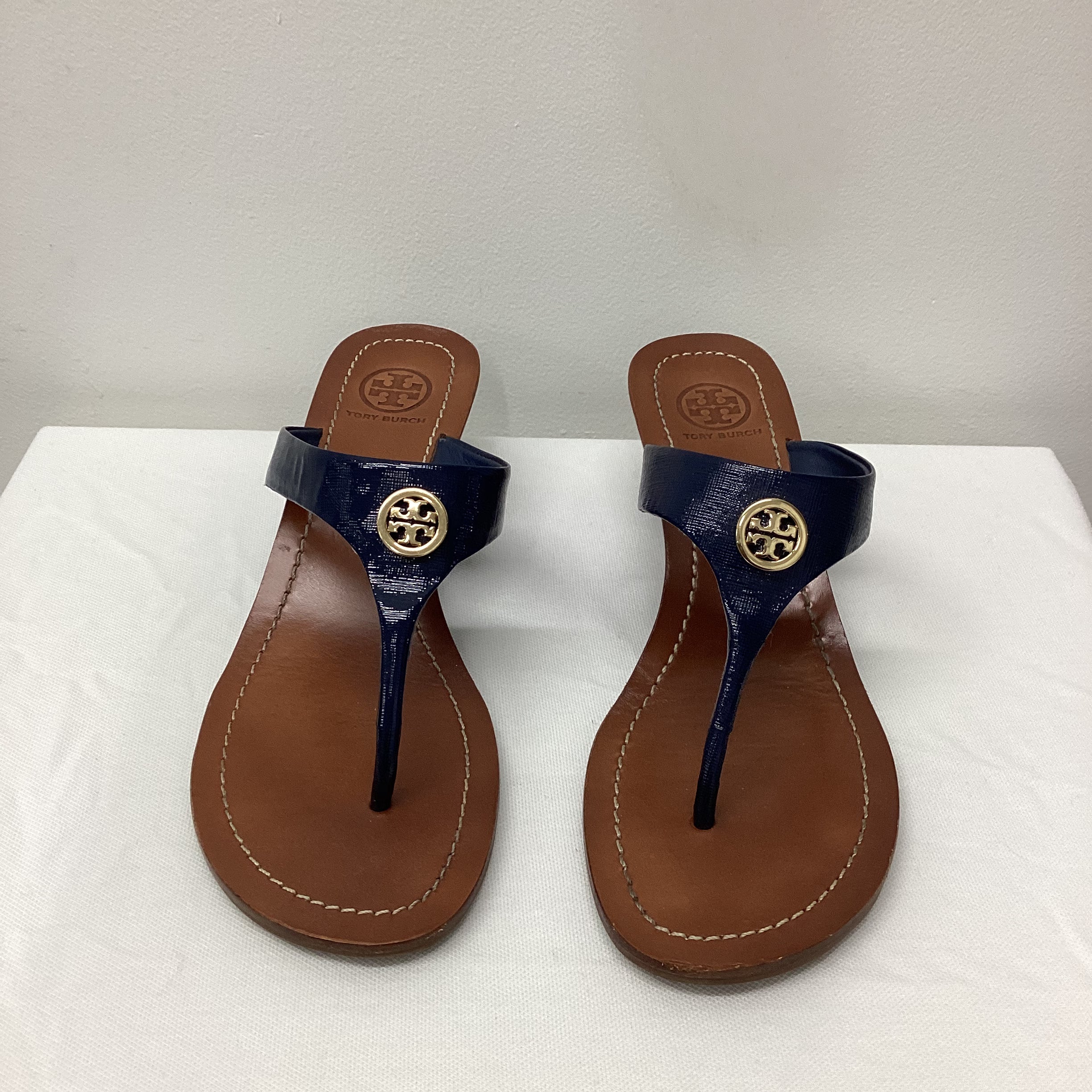 Tory Burch Leather Wedge Sandals Navy Gold Hardware 12148230 (Very Goo –  Shop for Shelter