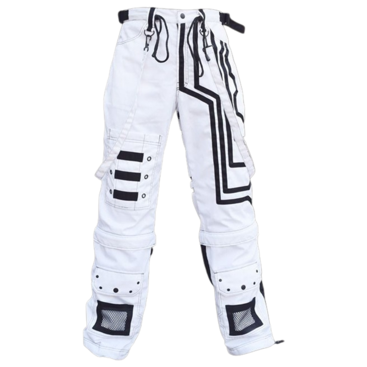 Men White Thread Gothic Pant Chains Buckle Goth Clothes