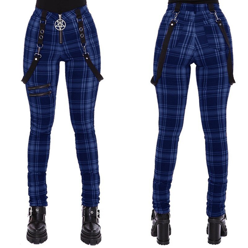 Hot Topic Womens Blue Plaid Suspender Pants Trouser Punk Cosplay Academia  XS 