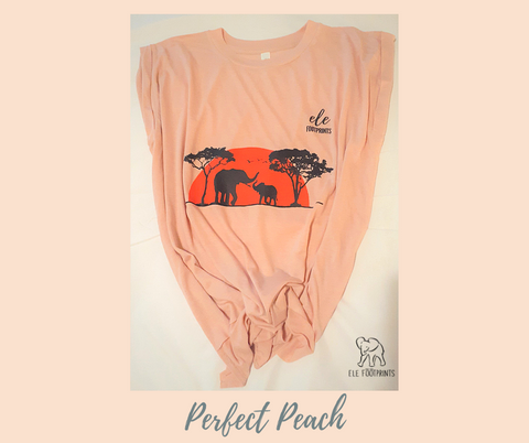 ele footprints sunset women's elephant shirt-peach-rolled-cuff-muscle-tee