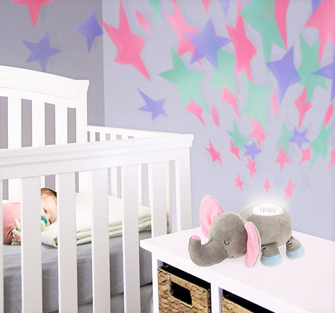 Elefootprints-light-and-sound-plush-elephant-projection and baby in background