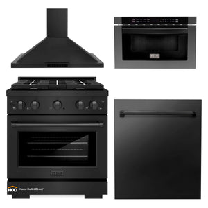 ZLINE 4-Piece Appliance Package - 30-inch Gas Range, Dishwasher, Microwave Drawer & Convertible Wall Mount Range Hood in Black Stainless Steel (4KP-SGRBRH30-MWDW) - Home Outlet Direct