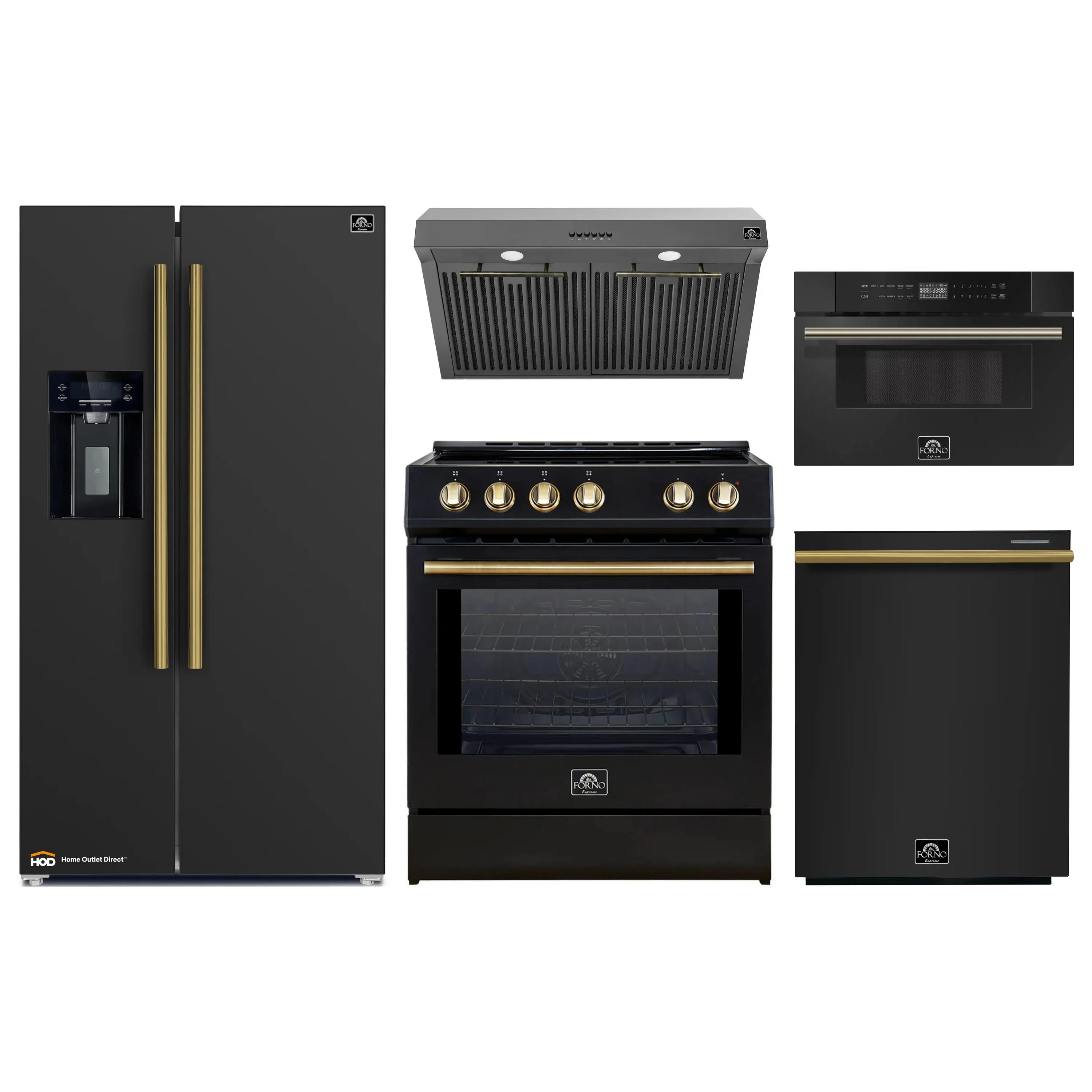 Forno 5-Piece Appliance Package - 30-Inch Induction Range, Under Cabinet Range Hood, Refrigerator with Water Dispenser, Dishwasher, and 30-Inch Microwave Drawer in Black with Antique Brass Trim