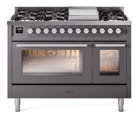 ILVE 48-Inch Professional Plus II Freestanding Dual Fuel Range with 8 Sealed Burner in Matte Graphite