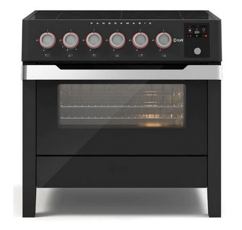ILVE Panoramagic 36-Inch Freestanding Electric Induction Range with Convection Oven in Matte Black and Stainless Steel Trim