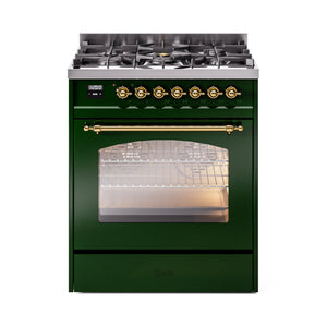 ILVE Nostalgie II 30-Inch Dual Fuel Freestanding Range in Emerald Green with Brass Trim (UP30NMPEGG) - Home Outlet Direct