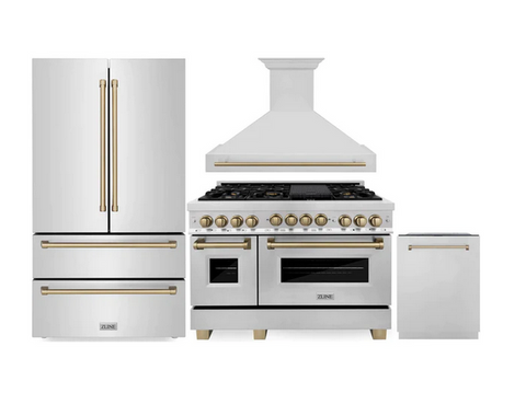ZLINE Autograph Edition 4-Piece Appliance Package - 48-Inch Dual Fuel Range, Refrigerator, Wall Mounted Range Hood, & 24-Inch Tall Tub Dishwasher in Stainless Steel with Champagne Bronze Trim
