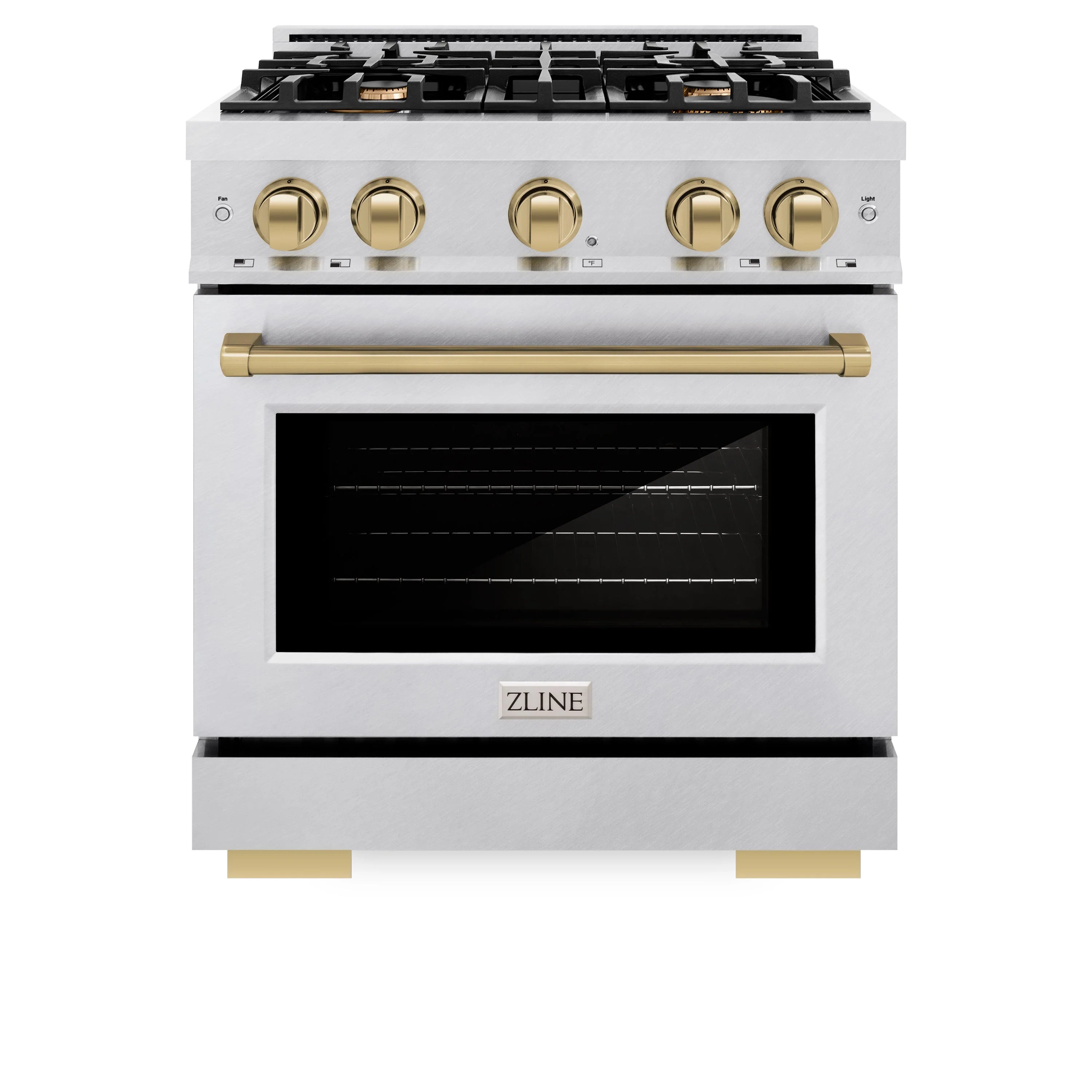 ZLINE Autograph Edition 30-Inch Select Series Dual Fuel Range with 4 Gas Burner Cooktop and 4.2 Cu. Ft. Electric Convection Oven in Satin Stainless Steel with Champagne Bronze Accents (HDRSZ-30-CB)