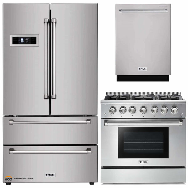 Thor Kitchen 3-Piece Appliance Package - 36 GAS Range, Dishwasher & Refrigerator in Stainless Steel