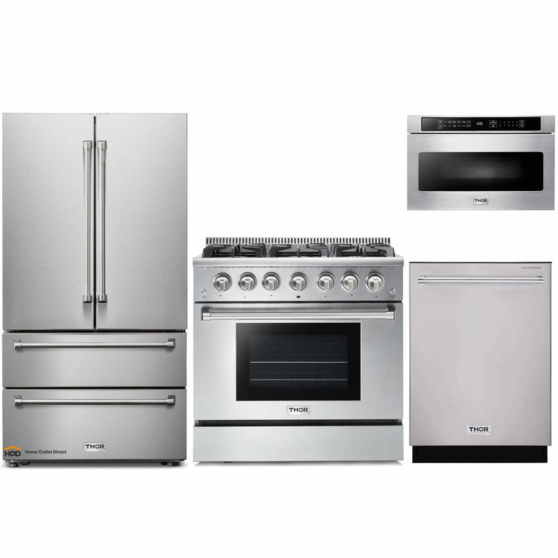 Thor Kitchen 4-Piece Pro Appliance Package - 36" Gas Range, French Door Refrigerator, Dishwasher, and Microwave Drawer in Stainless Steel