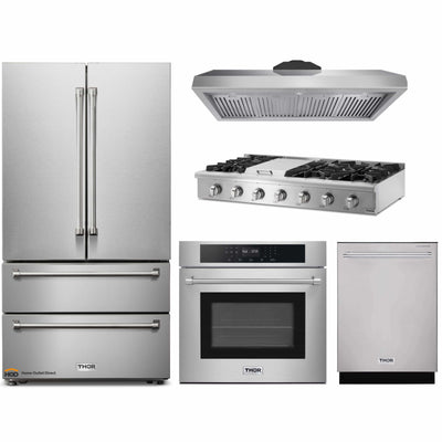 Thor Kitchen 5-Piece Appliance Package - 36-Inch GAS Range, Refrigerator, Wall Mount Hood, Dishwasher, and Wine Cooler in Stainless Steel