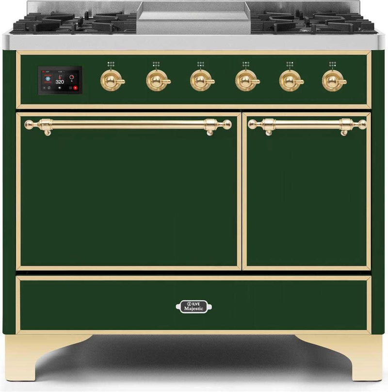 ILVE 40" Majestic II Dual Fuel Range with 6 Sealed Burners and Griddle - 3.82 cu. ft. Oven - Brass Trim in Emerald Green (UMD10FDQNS3EGG) Ranges ILVE 