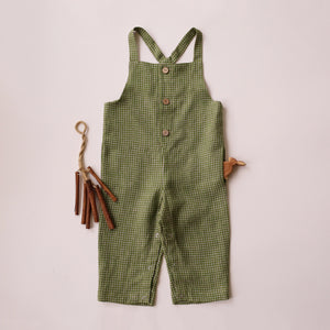 Olive Gingham Linen Buttoned Overalls